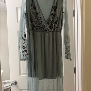 Xhilaration Teal Floral Embroidered Long Sleeve Dress